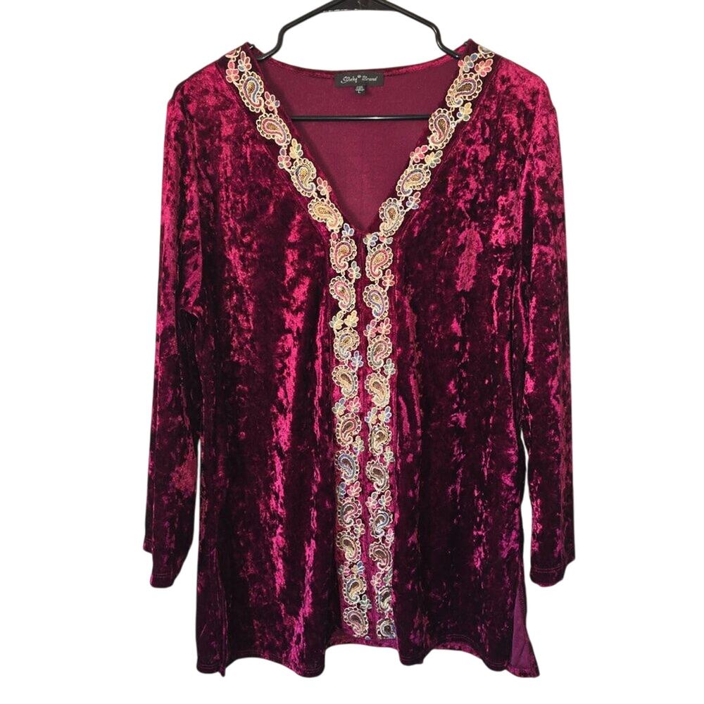 Slinky Brand Crushed Velvet Embroidered‎ Long Sleeve Tunic Top Christmas Large